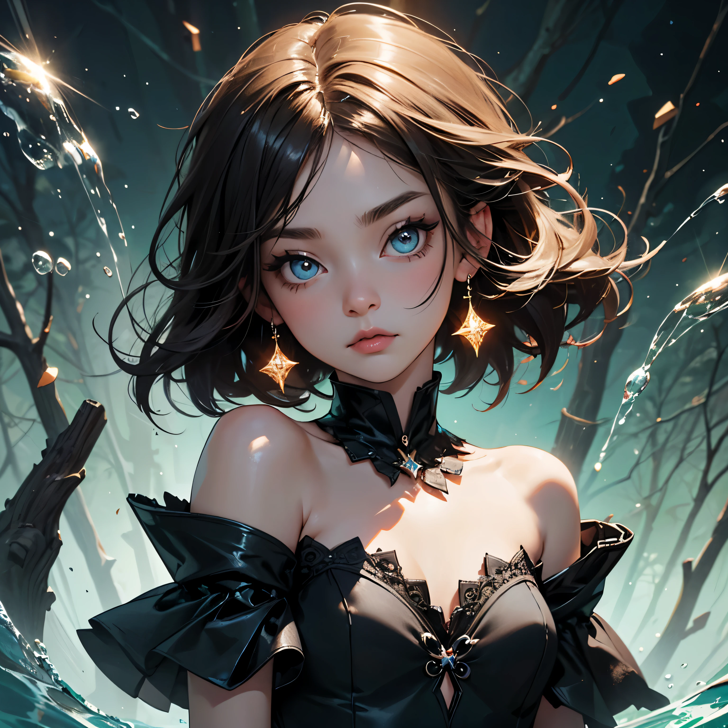 Masterpiece, water,best quality, super high resolution, fluorescent color,1 girl, looking at the audience, beautiful face, beautiful eyes, (bare shoulder: 1.2), head up, upper body, forest, shiny hair, shiny skin, glowing cut, chibi, 1.5, black starlight dress, particles