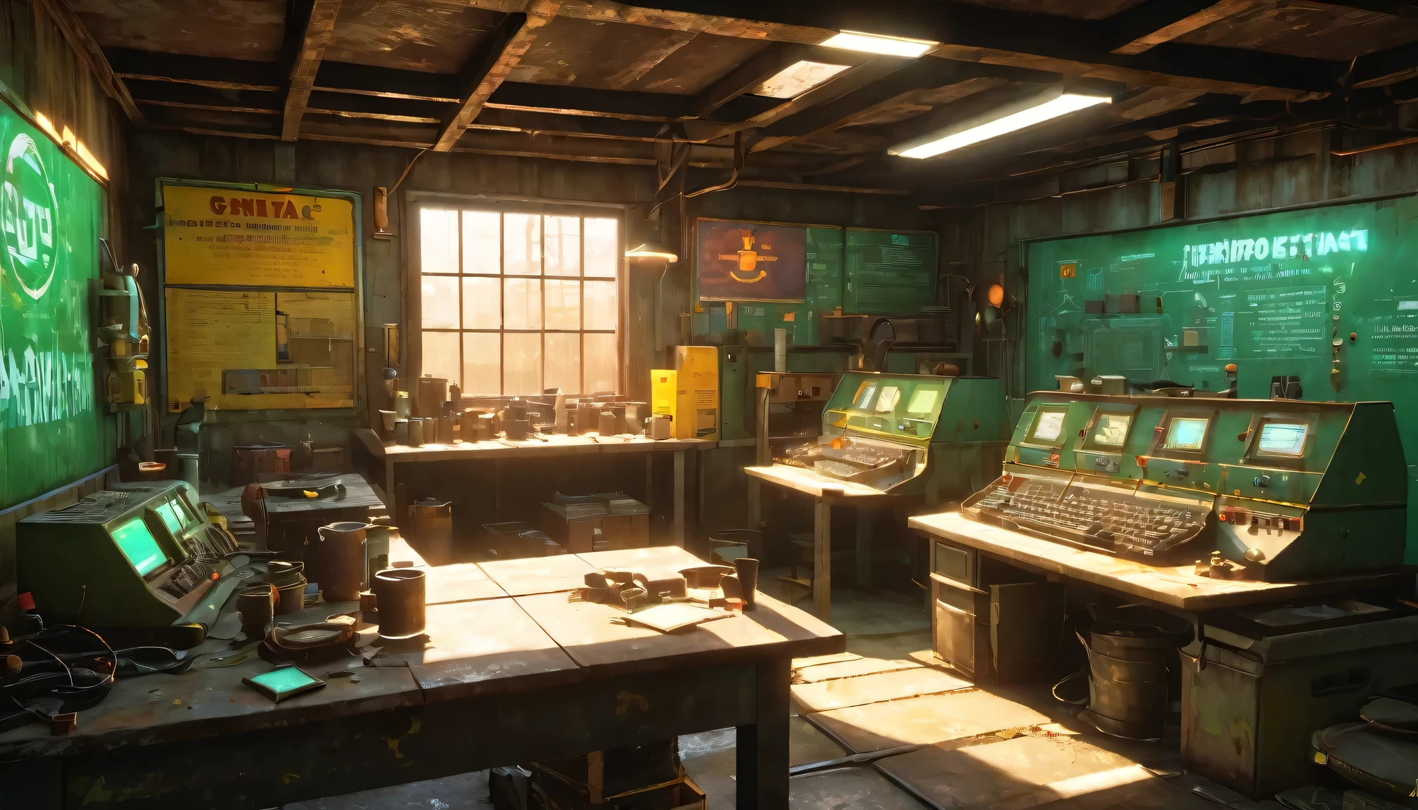 best quality, 4k, 8k, highres, masterpiece:1.2, ultra-detailed, realistic:1.37, HDR, UHD, studio lighting, ultra-fine painting, sharp focus, physically-based rendering, extreme detail description, professional, vivid colors, bokeh, (《Fallout 4》Repair Station in the game), rusty metal walls, flickering fluorescent lights, scattered tools and spare parts, a dusty workbench filled with old computer and wires, repair manuals stacked haphazardly, Machine waiting for repair,(heavy duty repair equipment),small windows covered in grime, a sign that says "Welcome to the Repair Station", a poster of a nuclear reactor with warning signs, old coffee mugs with faded logos, graffiti on the walls depicting mutated creatures color scheme with desaturated, muted tones, giving a sense of the post-apocalyptic world soft, dim lighting from the flickering fluorescent lights, casting eerie shadows on the walls and objects
