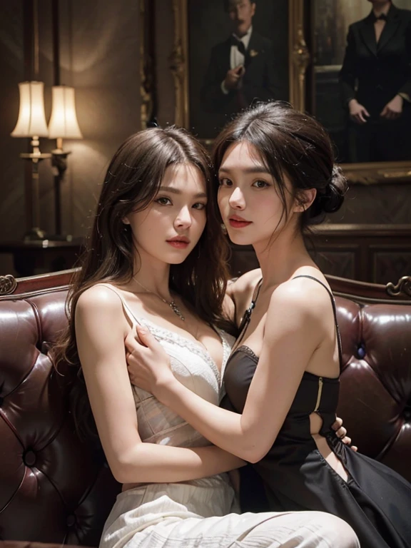 top-quality、​masterpiece、超A high resolution、(Photorealsitic:1.4)、(two female:1.2)、Raw foto、Inside the dark cabaret club、(Two women sitting on luxury sofa enjoying skin:2)、(looking each other:1.5)、、Women in Their 30s、hug、the kiss、(Two women in flight attendant underwear:1.4)、face perfect、Perfect body、Dress perfectly、perfect anatomia、Film Lighting、Romantic indirect lighting、Detailed and delicate drawings、The gaze does not look straight ahead