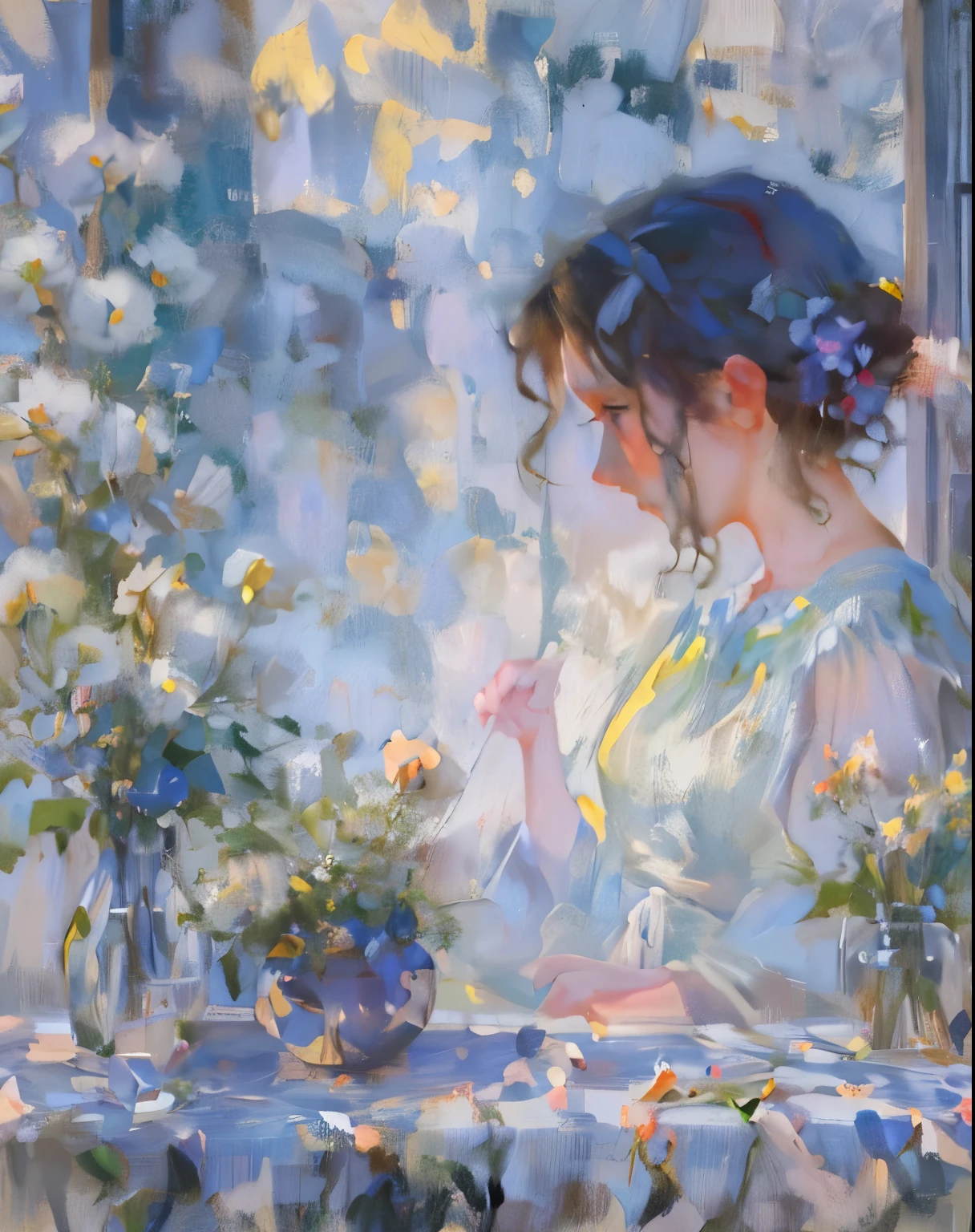 Theme details：The lady in the painting sits quietly by the window，Looking out at the scenery through the window。The vase next to her is filled with flowers，Add a touch of color to the whole picture。There is a cute girl on the windowsill，Looking at the scenery outside the window。

prompt：A lady gazing out of the window, flowers in a vase, Alexei Zaitsev, Daniel Gerhartz, girl on the windowsill, (best quality, 4k, ultra-detailed, realistic:1.37), vibrant colors, soft lighting