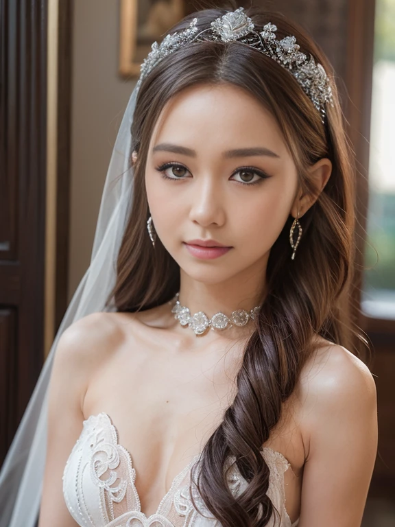(masterpiece), Best Quality, Highest Quality, Highly detailed CG Unity 8k wallpaper, Original, High resolution, (depth of fields: 1.5), fidelity: 1.3, small breasts, Bride portrait style, 1 girl, drapes, veils , Bridal Veil, wedding dress, drapes, Jewelry, Solo, earrings, tusk, bride, Black_hair
