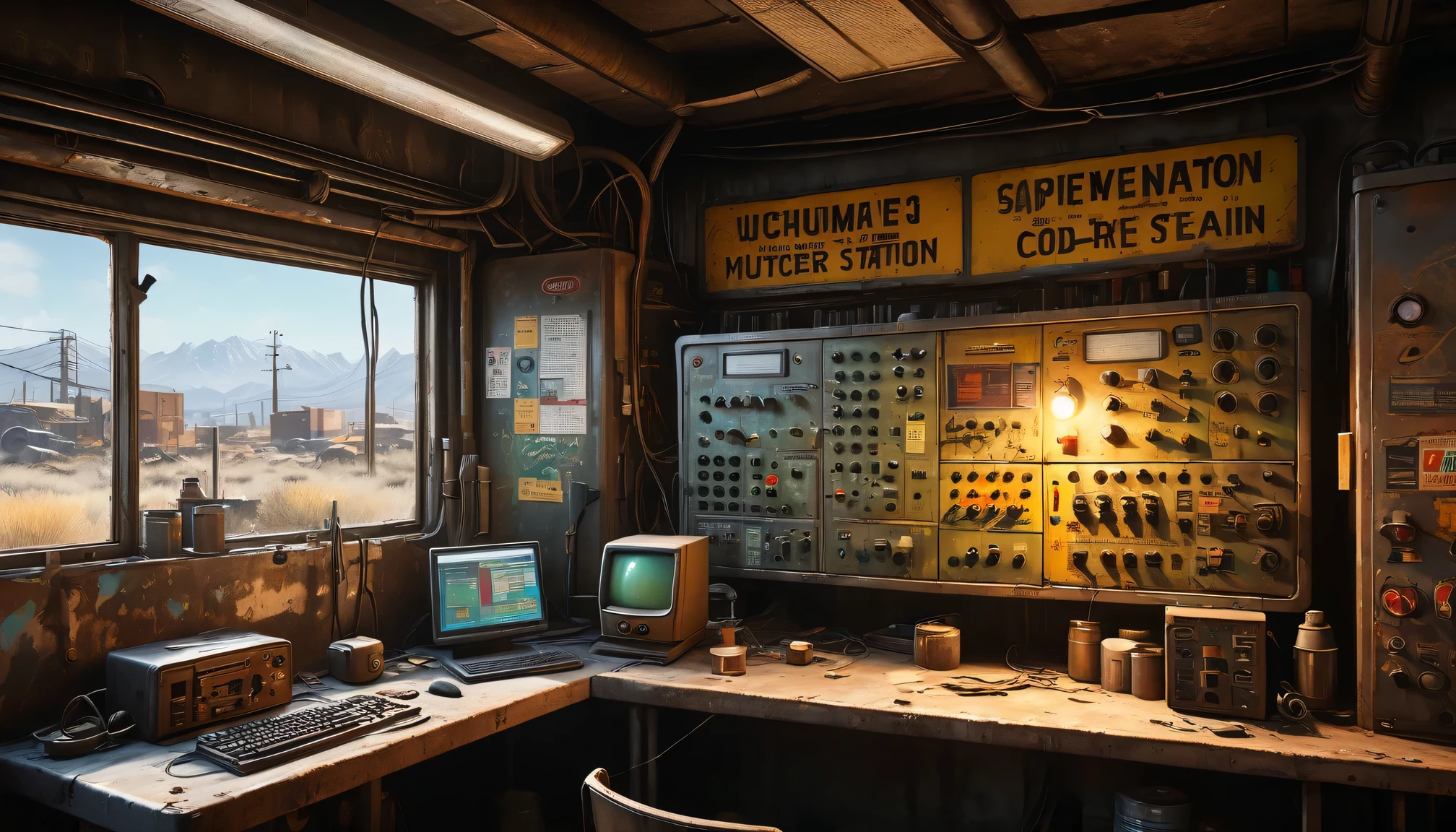 best quality, 4k, 8k, highres, masterpiece:1.2, ultra-detailed, realistic:1.37, HDR, UHD, studio lighting, ultra-fine painting, sharp focus, physically-based rendering, extreme detail description, professional, vivid colors, bokeh, (《Fallout 4》Repair Station in the game), rusty metal walls, flickering fluorescent lights, scattered tools and spare parts, a dusty workbench filled with old computer and wires, repair manuals stacked haphazardly, Machine waiting for repair,(heavy duty repair equipment),small windows covered in grime, a sign that says "Welcome to the Repair Station", a poster of a nuclear reactor with warning signs, old coffee mugs with faded logos, graffiti on the walls depicting mutated creatures color scheme with desaturated, muted tones, giving a sense of the post-apocalyptic world soft, dim lighting from the flickering fluorescent lights, casting eerie shadows on the walls and objects