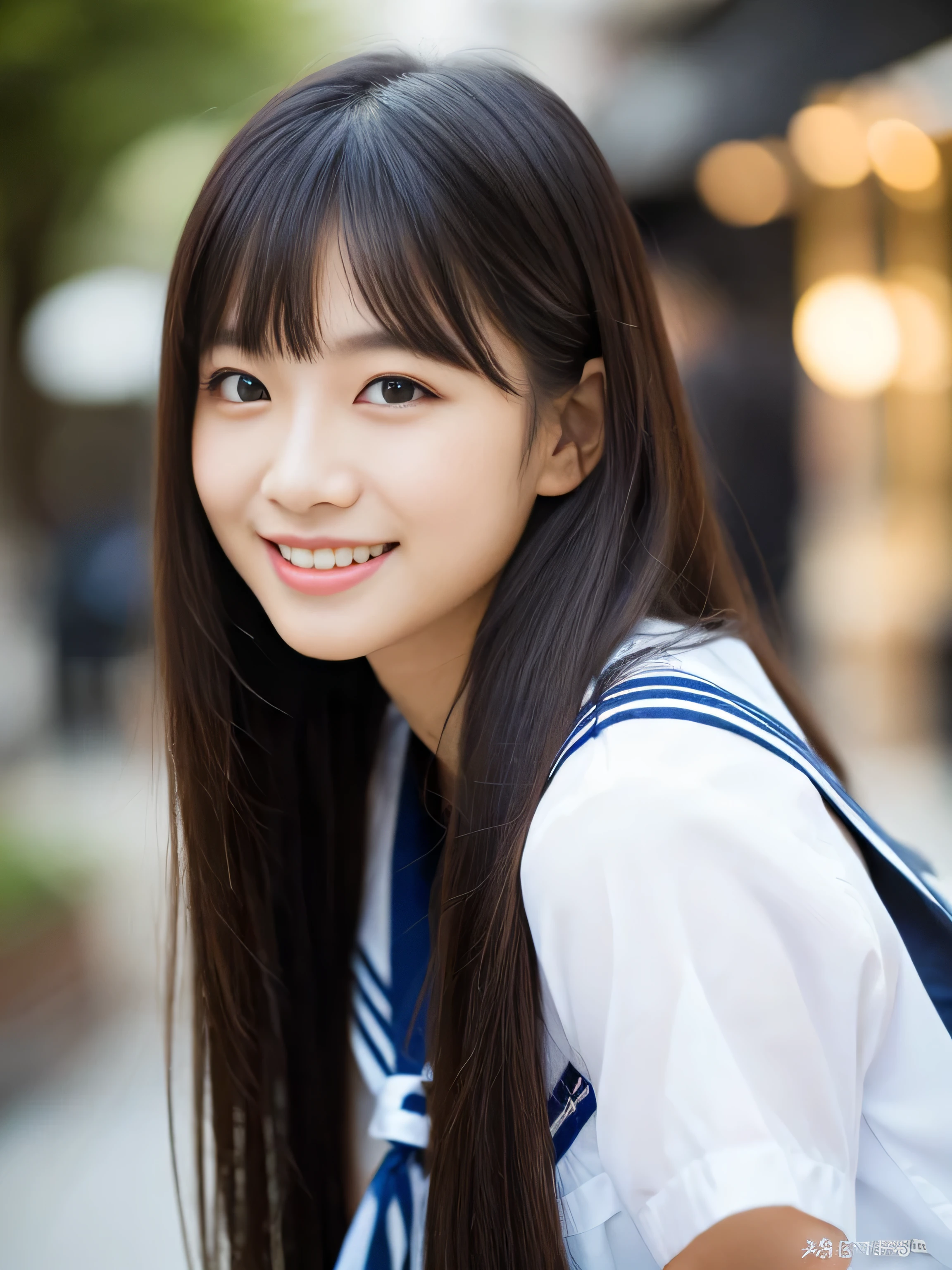 (This is a shopping mall on a sunny day) (Photo of upper body from waist up) (Japanese solo photoshoot'The most beautiful 12-year-old junior high school girls)) ((Her deep black hair is incredibly straight and extremely long. Extremely Long Hair Very high quality, Shiny deep black Absolutely Extremely Long Hair Extremely Long Hair、Absolutely Extremely Long Hair with Beautiful Deep Black Absolutely Extremely Long Hair with deep black hair and high quality Extremely Long Hair like silk Absolutely Extreme Long Hair with Deep Black Hair Extremely Long Hair with Deep Black Hair of High Quality Thin hair And that is'rich Extremely Long Hair with very detailed and high quality deep black hair)) ((highest quality)), ((masterpiece)), (familiar) (Get used to it) Perfect Face (Her skin is a typical Japanese skin color.....、Very detailed) (She is wearing a summer sailor uniform and a navy blue super short pleated skirt.) (She has a pretty face and a typical Japanese figure..., Narrow eyes.) (Her bangs Well Organized) (She has perfectly detailed fine skin Natural Makeup) ((rich 1.4)) (Extremely detailed 8K) (Stable Diffusion Model) (Ultra-fine skin texture 1.4) (Actual, Vibrant:1.4), double eyelid Sharp focus:1.2、Beautiful woman:1.4 Dynamic Lighting (Genuine RAW photos taken by professional photographers) (Her long bangs、Well Organized) (Turn your whole body to the viewer) Professionally lit from the front (She is looking at the viewer with her mouth wide open and a big smile.) Her name is Takaki_truth love 6