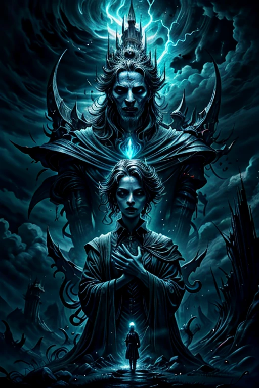 highres,ultra-detailed,realistic:1.37,dark fantasy,gothic style,(Bearer of the curse),(Seek souls. Larger, more powerful souls.),(Seek the king, that is the only way.),(Lest this land swallow you whole. As it has so many others),medium:oil painting,dark and mysterious atmosphere,desolate landscape,majestic castle in the distance,cold and foggy weather,gloomy and haunting ambience,ruined statues and broken architecture,ominous shadows and silhouettes,dark color palette with deep blues and grays,dramatic and dynamic lighting,vivid and intense colors on the castle,mysterious and magical glow around the protagonist,eyes with a hint of glowing blue,decaying and overgrown vegetation,ragged and worn clothing,grave expression on the protagonist's face,ancient symbols and runes,whispers of lost souls,haunting soundtrack.
