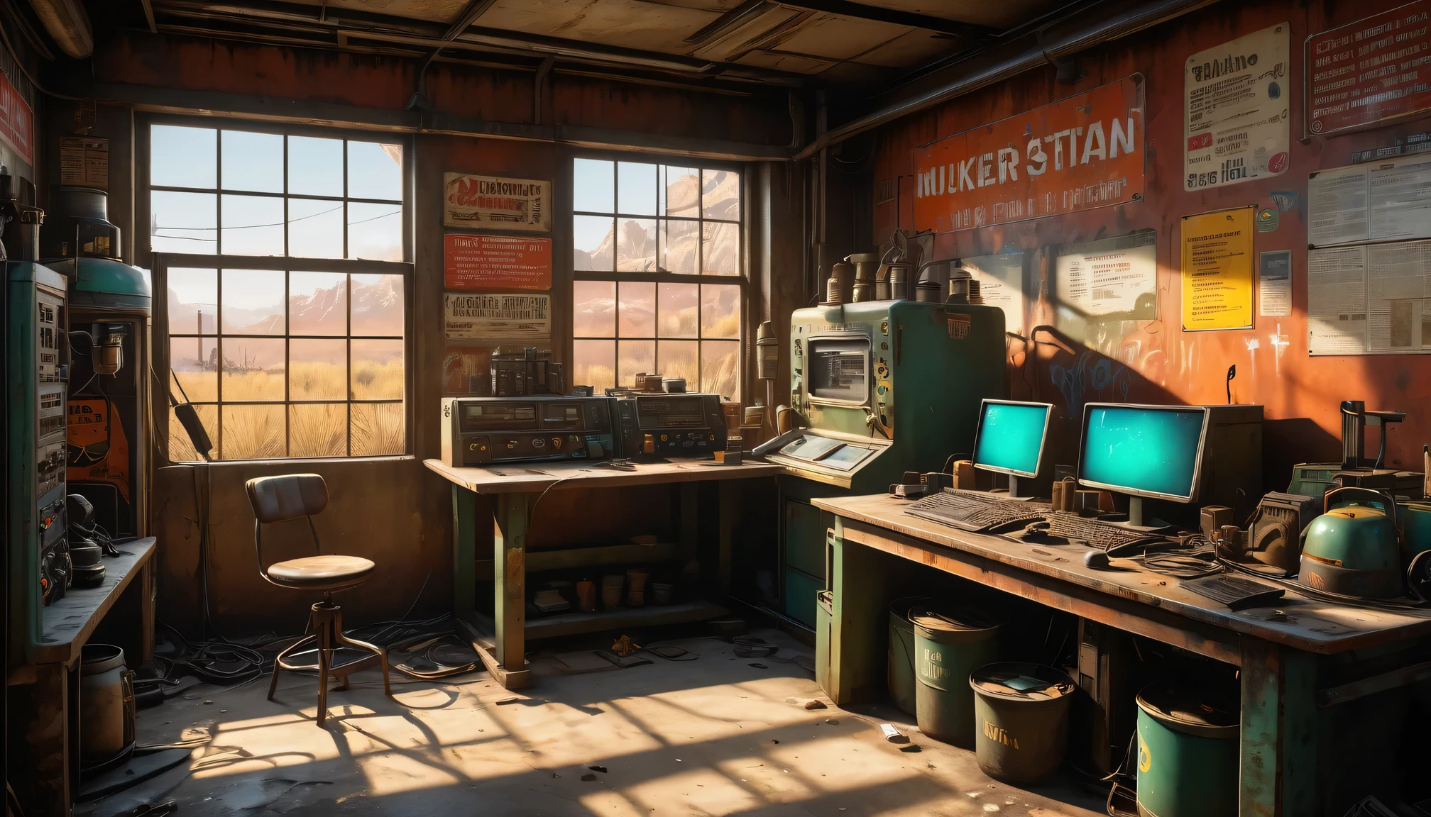 best quality, 4k, 8k, highres, masterpiece:1.2, ultra-detailed, realistic:1.37, HDR, UHD, studio lighting, ultra-fine painting, sharp focus, physically-based rendering, extreme detail description, professional, vivid colors, bokeh, (《Fallout 4》Repair Station in the game), rusty metal walls, flickering fluorescent lights, scattered tools and spare parts, a dusty workbench filled with old computer and wires, repair manuals stacked haphazardly, Machine waiting for repair,(heavy duty repair equipment),small windows covered in grime, a sign that says "Welcome to the Repair Station", a poster of a nuclear reactor with warning signs, old coffee mugs with faded logos, graffiti on the walls depicting mutated creatures color scheme with desaturated, muted tones, giving a sense of the post-apocalyptic world soft, dim lighting from the flickering fluorescent lights, casting eerie shadows on the walls and objects