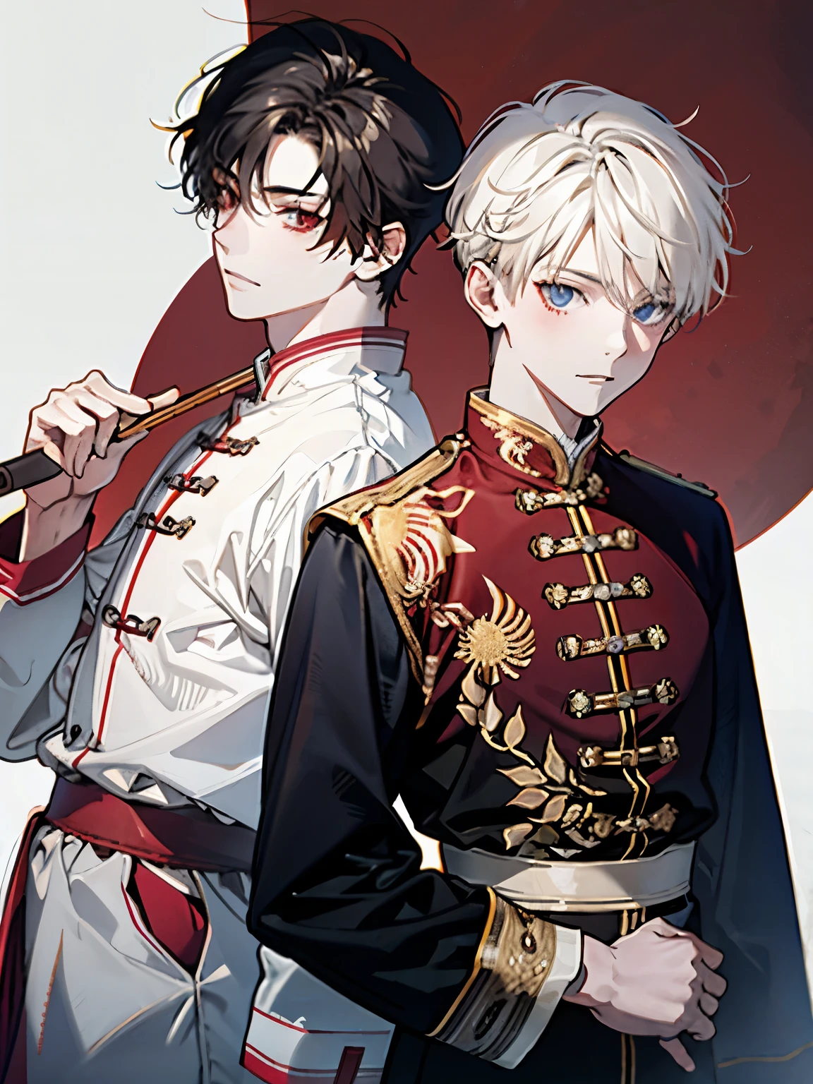 White and red clothes,(Two boys around 18 years old:1.5),Ancient Chinese style war god clothing,They are staring at each other
