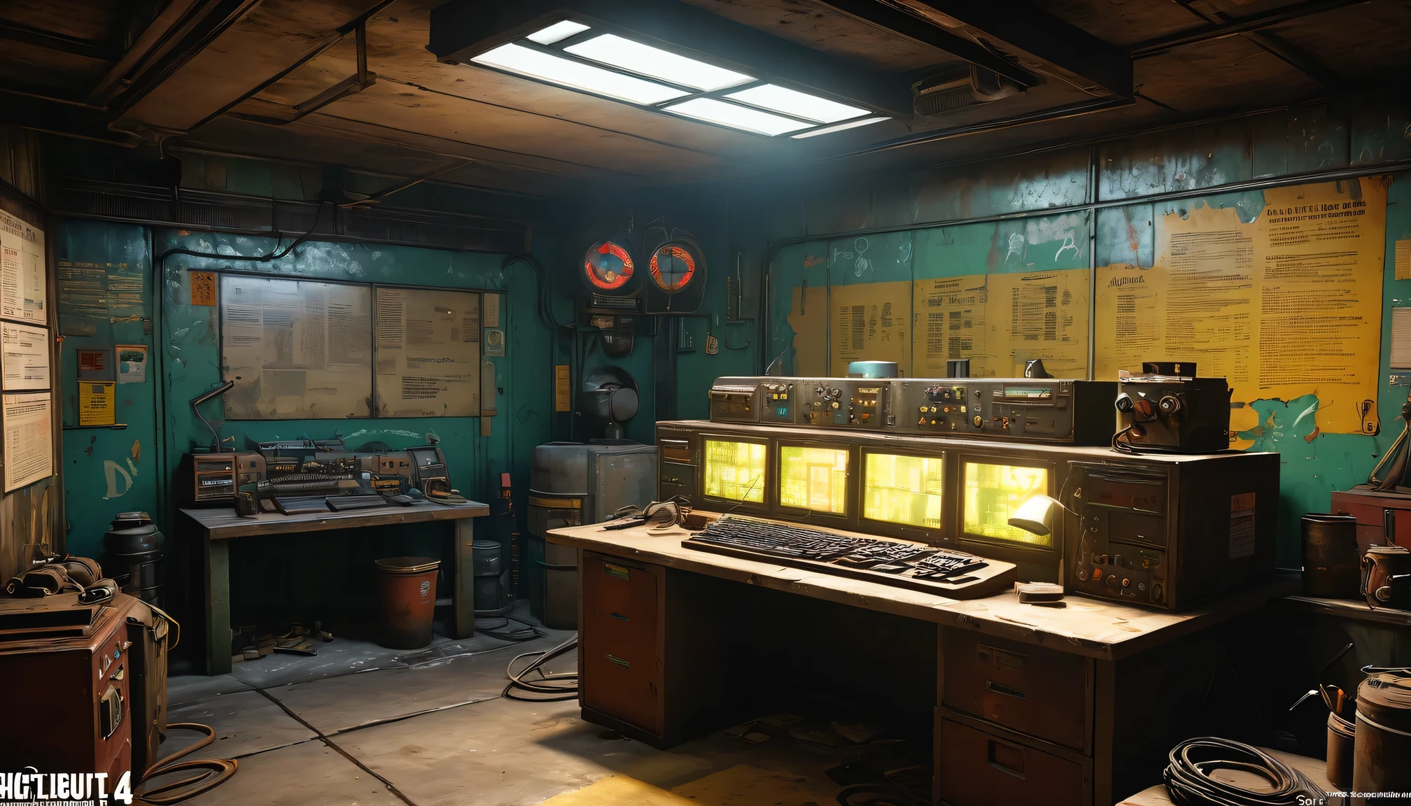 best quality, 4k, 8k, highres, masterpiece:1.2, ultra-detailed, realistic:1.37, HDR, UHD, studio lighting, ultra-fine painting, sharp focus, physically-based rendering, extreme detail description, professional, vivid colors, bokeh, (《Fallout 4》Repair Station in the game), rusty metal walls, flickering fluorescent lights, scattered tools and spare parts, a dusty workbench filled with old computer and wires, repair manuals stacked haphazardly, Machine waiting for repair,(heavy duty repair equipment),small windows covered in grime, a sign that says "Welcome to the Repair Station", a poster of a nuclear reactor with warning signs, old coffee mugs with faded logos, graffiti on the walls depicting mutated creatures color scheme with desaturated, muted tones, giving a sense of the post-apocalyptic world soft, dim lighting from the flickering fluorescent lights, casting eerie shadows on the walls and objects