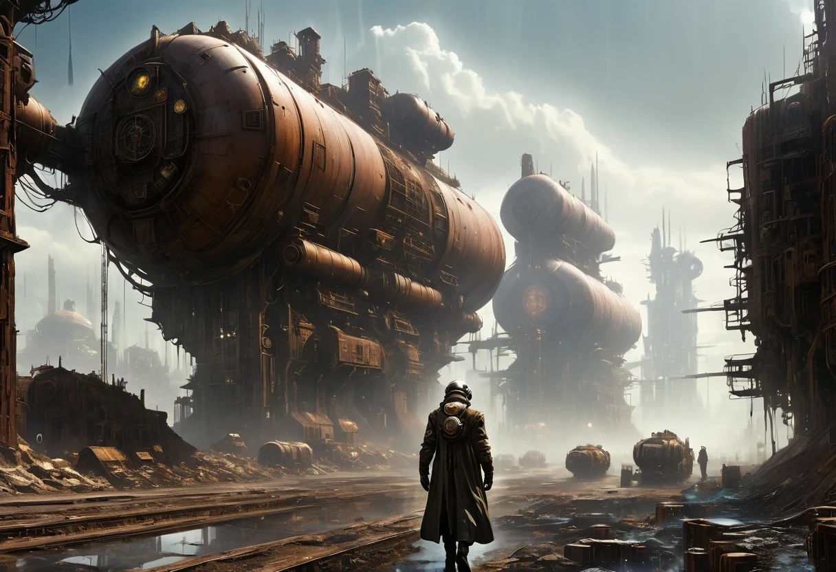 Futuristic white-robed doctor wearing futuristic gas mask walking through a destroyed future city,There are many rusty structures in the air, scenic Dystopian environment, Dystopian environment, Industrial science fiction, Industrial science fiction, Industrial science fiction, steampunk factory background, Dystopian digital concept art, Steampunk city, post-apocalyptic factory, Ancient Steampunk City, Industrial science fiction, Steampunk concept art, Dystopian alien landscape, In a steampunk cityscape, Dystopian Landscape