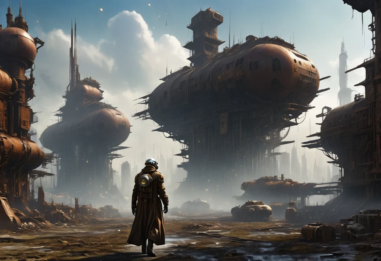 Futuristic white-robed doctor wearing futuristic gas mask walking through a destroyed future city，There are many rusty structures in the air, scenic Dystopian environment, Dystopian environment, Industrial science fiction, Industrial science fiction, Industrial science fiction, steampunk factory background, Dystopian digital concept art, Steampunk city, post-apocalyptic factory, Ancient Steampunk City, Industrial science fiction, Steampunk concept art, Dystopian alien landscape, In a steampunk cityscape, Dystopian Landscape