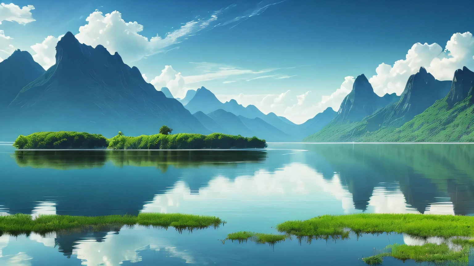 In this ranquil mountain landscape, measured at an idyllic 2560 x 1440 pixels, soft blues and greens harmoniously dominate the calming color palette. The scene radiates a peaceful serenity, ensconced under a clear and cloudless sky. The mountains stand majestically with their gentle slopes adorned with lush vegetation, their peaks touching the pristine azure heavens above. The stillness of the scene is further emphasized by the tranquil water bodies that mirror the sky, their glassy surfaces undisturbed. The entire scene exudes an air of calm and relaxation, inviting the viewer to lose themselves in its id