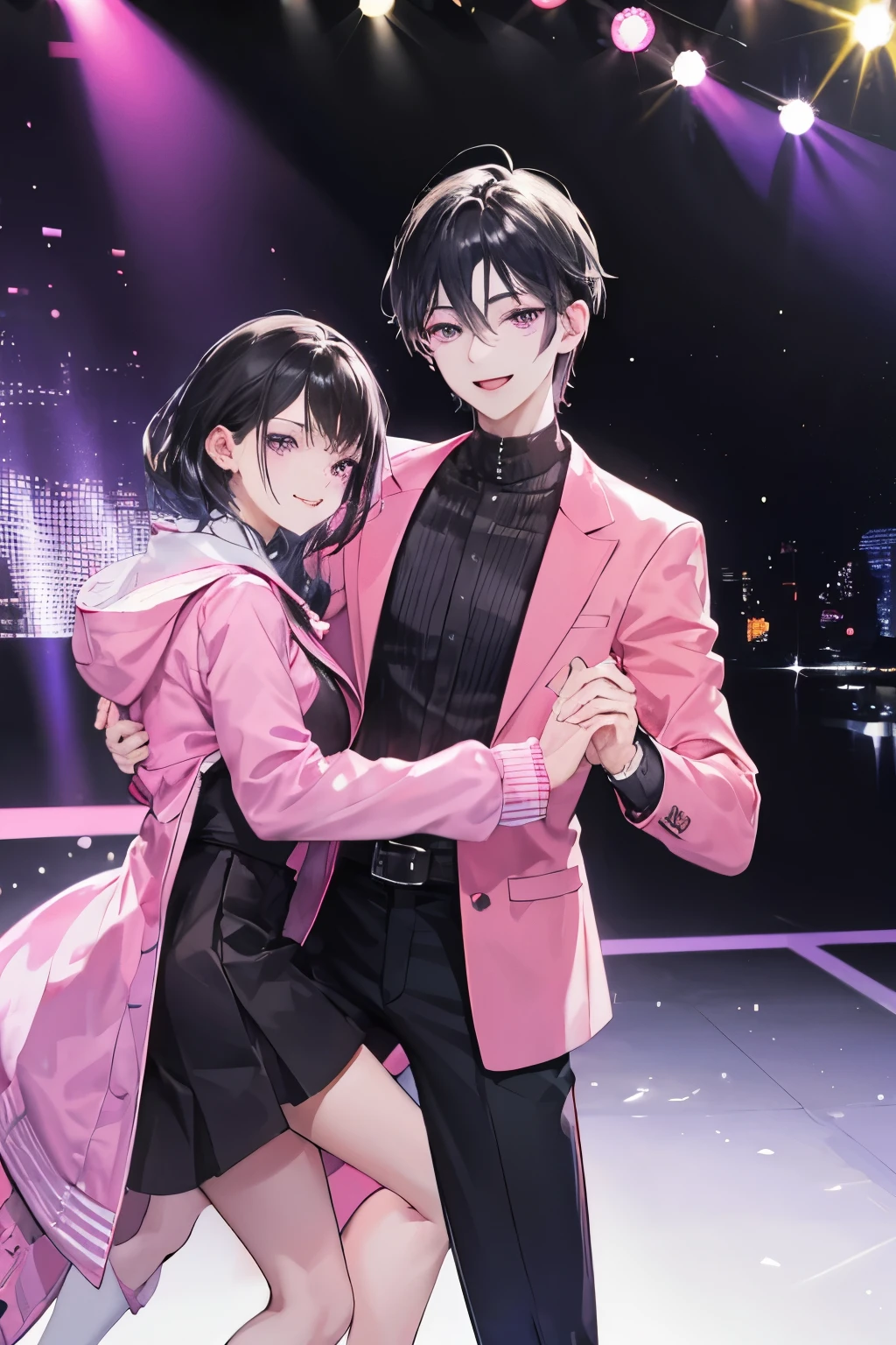 ((Best quality)), ((masterpiece)), (detailed), perfect face, a guy with black hair and purple eyes in a bright pink jacket stands on the dance floor among and smiles