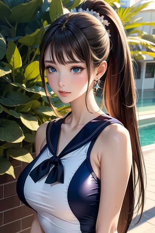 Extreme close up,1 girl,(非常にdetailedな肌),bent,,beautiful胸,(),Pale skin,Pointed Chest,Erect nipplantasyst image quality,surrealist portrait,(8k),Ultra-realistic,最high quality, high quality, High resolution, high quality texture,Attention to detail,beautiful,detailed,非常にdetailedなCG,detailedテクスチャー,Realistic facial expressions,masterpiece,Presence,dynamic,bold),ponytail,(Very thin hair),(Very soft hair),(Super Straight Hair:1.5),Long, flowing bangs,Very light coppery amber hair,Hair above one eye,Dressed,loose t-shirt,See-through sailor swimsuit