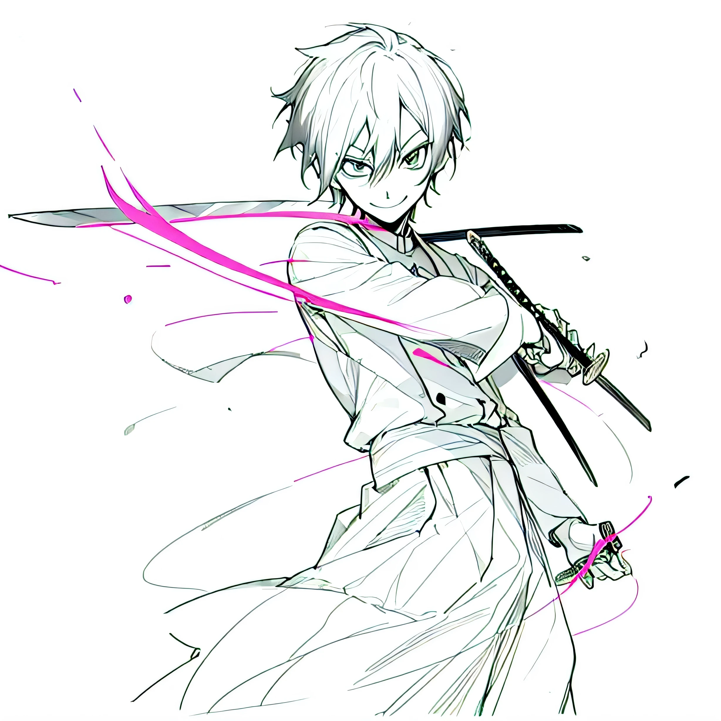 a drawing of a man with a sword and a smile on his face, inspired by Sadamichi Hirasawa, clean anime outlines, inspired by Kamisaka Sekka, clean lineart, slasher smirk, inspired by Tetsugoro Yorozu, simple lineart, perfect lineart, sugestive smirk, inspired by Taiyō Matsumoto. Same pose as the original picture. SWORD, DOMINANT