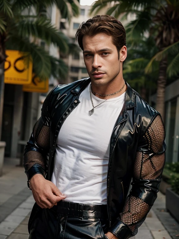 Handsome boy very masculine huge muscular William Levy with shaved head and diamond earrings and huge muscles in transparent fishnet tight long sleeve shirt and studded leather collar and tight glossy pants