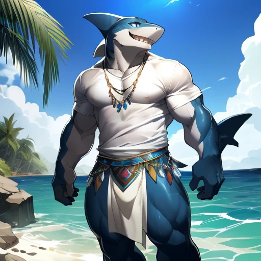 hi res,(shark, finless shark), not furry, anthro, aqua blue eyes, small loincloth, male, muscular, muscular anthro, muscular male, tail, outside, plant, light blue body, sea, solo, tree, (water), detailed background,by milkytiger1145,by takemoto arashi,by null-ghost, cold atmosphere, open smile, soft blue blush, muscular thighs, thick thighs, wide hips, single fin, loincloth accessory, loincloth jewelry, jewels and ornaments for loincloth, sexy loincloth, ((white tshirt, white tshirt)), wearing white tshirts, , ((white tshirt, white tshirt))