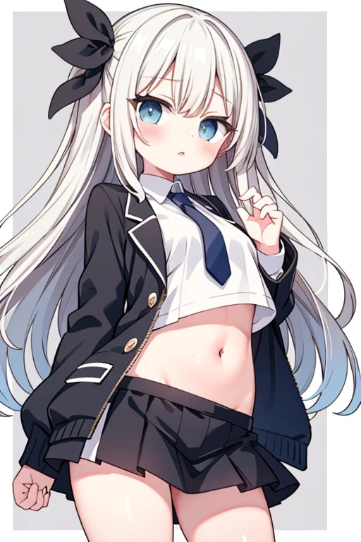 girl、、ponytail、mini skirt、White shirt、black jacket、belly button、M-shaped legs、pants