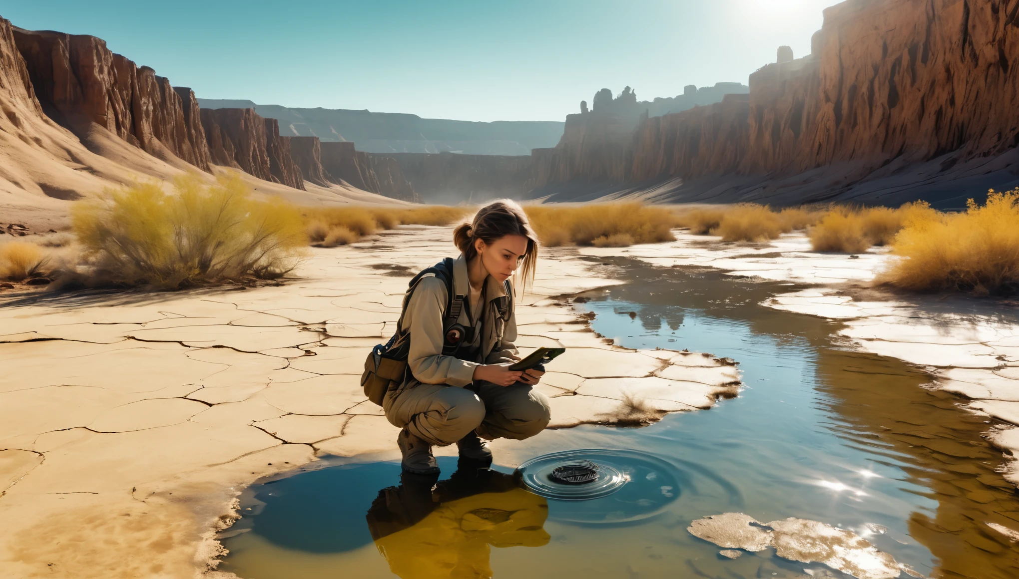 post-apocalyptic wasteland, desert canyon, small pond with dirty water, woman in worn-out travel clothes examining the radioactivity of water with a Geiger counter holding in hand, dystopian world, hot sun