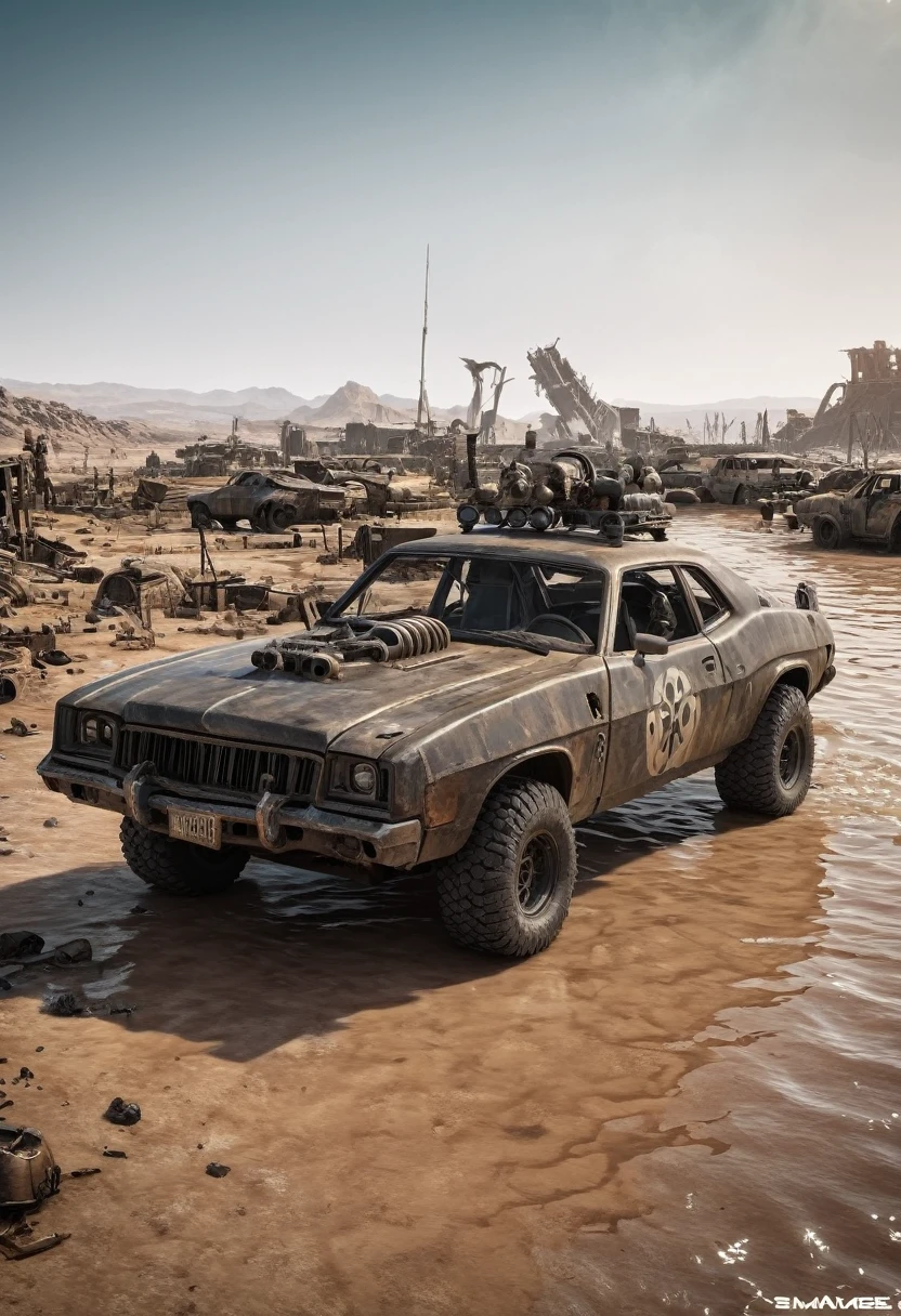 movie "mad max", Post apocalyptic scenario, city by water, wasteland, (masterpiece, best quality, Professional, perfect composition, very aesthetic, absurdres, ultra-detailed, intricate details:1.3)