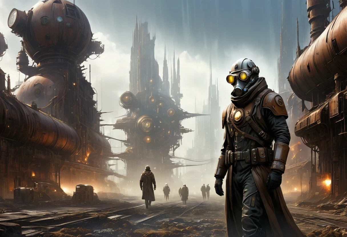 Futuristic white-robed doctor wearing futuristic gas mask walking through a destroyed future city,There are many rusty structures in the air, scenic Dystopian environment, Dystopian environment, Industrial science fiction, Industrial science fiction, Industrial science fiction, steampunk factory background, Dystopian digital concept art, Steampunk city, post-apocalyptic factory, Ancient Steampunk City, Industrial science fiction, Steampunk concept art, Dystopian alien landscape, In a steampunk cityscape, Dystopian Landscape