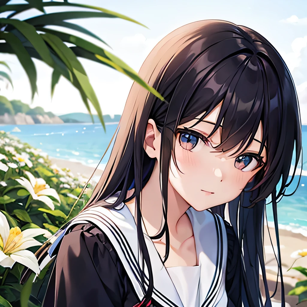 Sailor suit、Bright colors、Soft lighting、With paddle、Black-haired、Face close-up、Photo studio、There are many flowers in the background