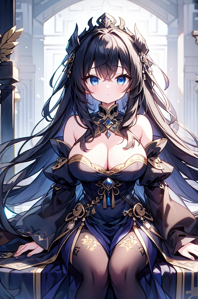 (((masterpiece))),best quality, illustration,(beautiful detailed girl),bare shoulders,flat_chst,diamond and glaring eyes,beautiful detailed cold face,very long blue and sliver hair,floaing black feathers,wavy hair,black and white sleeves,gold and sliver fringesl,a silver triple crown inlaid with obsidian,(sit) on the black ((throne)), (depth) of (field),big_breasts