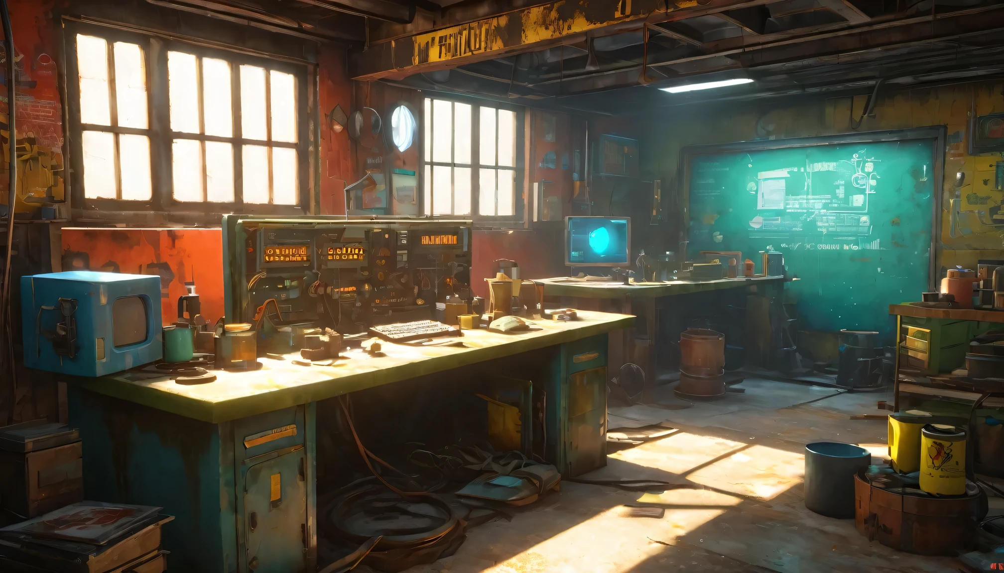 best quality, 4k, 8k, highres, masterpiece:1.2, ultra-detailed, realistic:1.37, HDR, UHD, studio lighting, ultra-fine painting, sharp focus, physically-based rendering, extreme detail description, professional, vivid colors, bokeh, (《Fallout 4》Repair Station in the game), rusty metal walls, flickering fluorescent lights, scattered tools and spare parts, a dusty workbench filled with old computer and wires, repair manuals stacked haphazardly, (old-fashioned motorcycle),(heavy duty repair equipment),small windows covered in grime, a sign that says "Welcome to the Repair Station", a poster of a nuclear reactor with warning signs, old coffee mugs with faded logos, graffiti on the walls depicting mutated creatures color scheme with desaturated, muted tones, giving a sense of the post-apocalyptic world soft, dim lighting from the flickering fluorescent lights, casting eerie shadows on the walls and objects