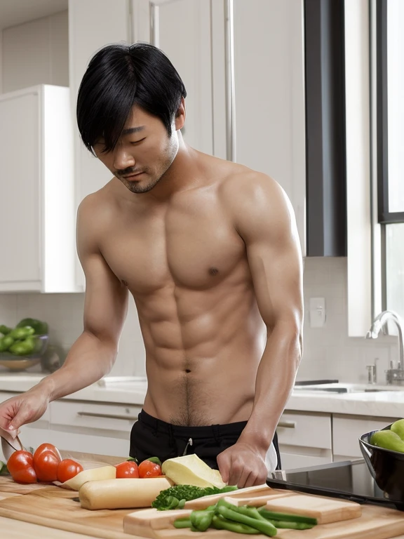 逼真的影像穿著黑色短褲的Japanese men, ((( irresistibly sexy, nice, and英俊的臉龐))), and((pale skin color andfine skin complexion)), ( ((shirtless chest))), ((No top)), ((Beautiful shiny short black hair)), ((Half-length photo)), ((Ultra-high resolution))(( ))(( eye contact ))Alaphid Asian man preparing food using cutting board in kitchen, , Japanese men,, Asian Men, , Official product images, ,, Medium shot of a handsome guy, Height 180 cm