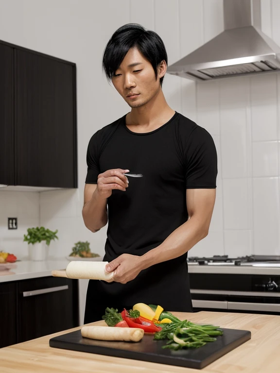 逼真的影像穿著黑色短褲的Japanese men, ((( irresistibly sexy, nice, and英俊的臉龐))), and((pale skin color andfine skin complexion)), ( ((shirtless chest))), ((No top)), ((Beautiful shiny short black hair)), ((Half-length photo)), ((Ultra-high resolution))(( ))(( eye contact ))Alaphid Asian man preparing food using cutting board in kitchen, , Japanese men,, Asian Men, , Official product images, ,, Medium shot of a handsome guy, Height 180 cm