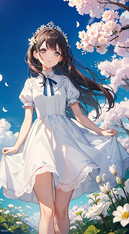 (masterpiece, highest quality:1.6), White lace dress, Cowboy Shot, Thighs, beautiful girl, (Flowers, Lots of small white petals:1.3), garden, blue sky, View your viewers, Small waist, Official Art, RAWphotograph, Incredibly absurd, Face Light, Dynamic Lighting, Cinema Lighting, Ultra-realistic, High resolution, photograph, Sharp focus, Most detailed, Very detailed, Super detailed, In detail, Very detailed目と顔