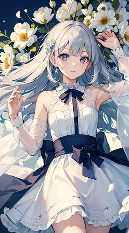 (masterpiece, highest quality:1.6), White lace dress, Cowboy Shot, Thighs, beautiful girl, (Flowers, Lots of small white petals:1.3), garden, blue sky, View your viewers, Small waist, Official Art, RAWphotograph, Incredibly absurd, Face Light, Dynamic Lighting, Cinema Lighting, Ultra-realistic, High resolution, photograph, Sharp focus, Most detailed, Very detailed, Super detailed, In detail, Very detailed目と顔