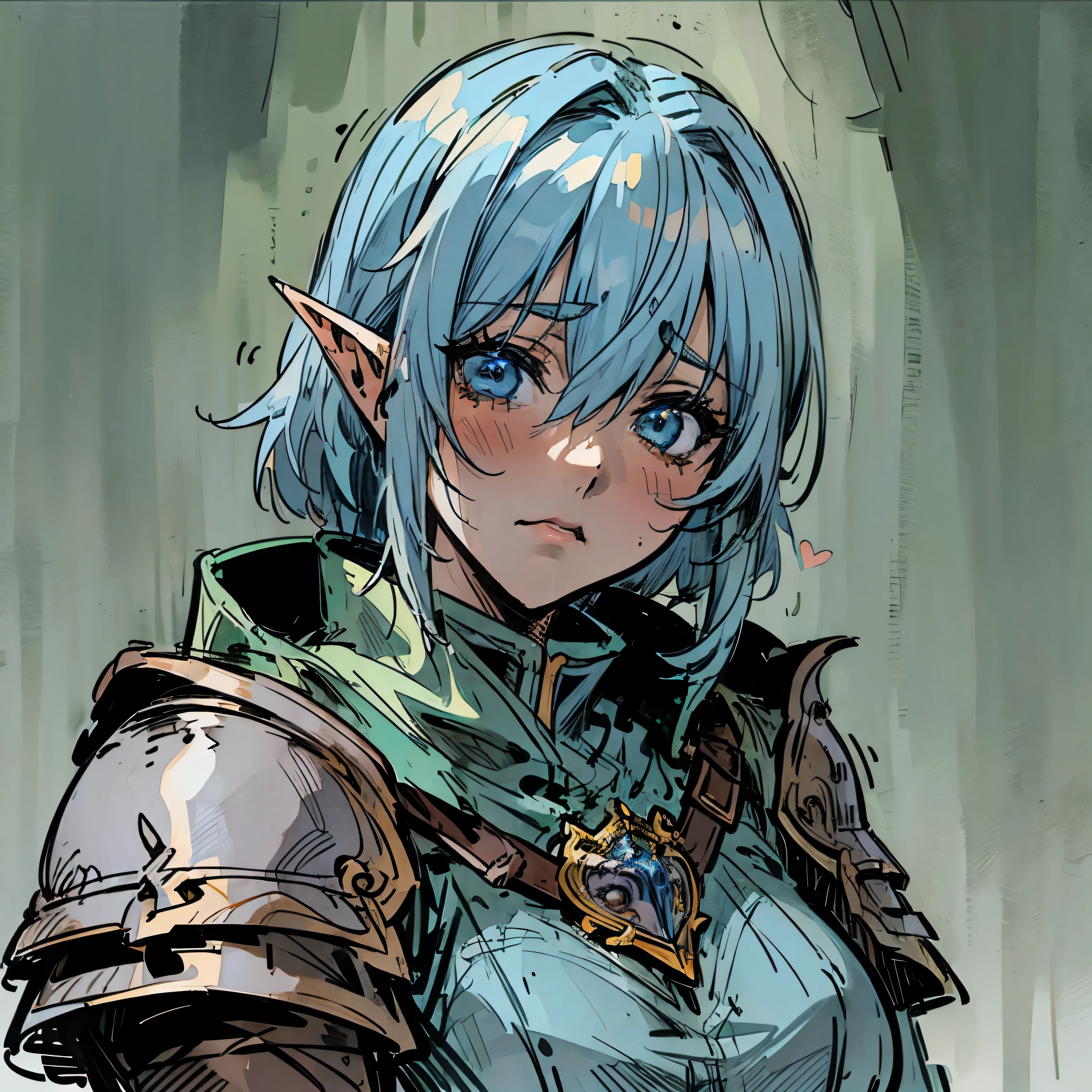 (Background: Cozy tavern) Cleddyf the elf knight, Female elf knight, wearing knight armor, kuudere, short light blue hair, short, emotionless, blank look[Face close up, detailed face, attention to face], dark fantasy