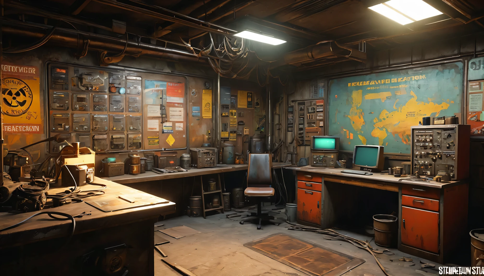 best quality, 4k, 8k, highres, masterpiece:1.2, ultra-detailed, realistic:1.37, HDR, UHD, studio lighting, ultra-fine painting, sharp focus, physically-based rendering, extreme detail description, professional, vivid colors, bokeh, (《Fallout 4》Repair Station in the game), rusty metal walls, flickering fluorescent lights, scattered tools and spare parts, a dusty workbench filled with old computer and wires, repair manuals stacked haphazardly, (old-fashioned motorcycle),(heavy duty repair equipment),small windows covered in grime, a sign that says "Welcome to the Repair Station", a poster of a nuclear reactor with warning signs, old coffee mugs with faded logos, graffiti on the walls depicting mutated creatures color scheme with desaturated, muted tones, giving a sense of the post-apocalyptic world soft, dim lighting from the flickering fluorescent lights, casting eerie shadows on the walls and objects