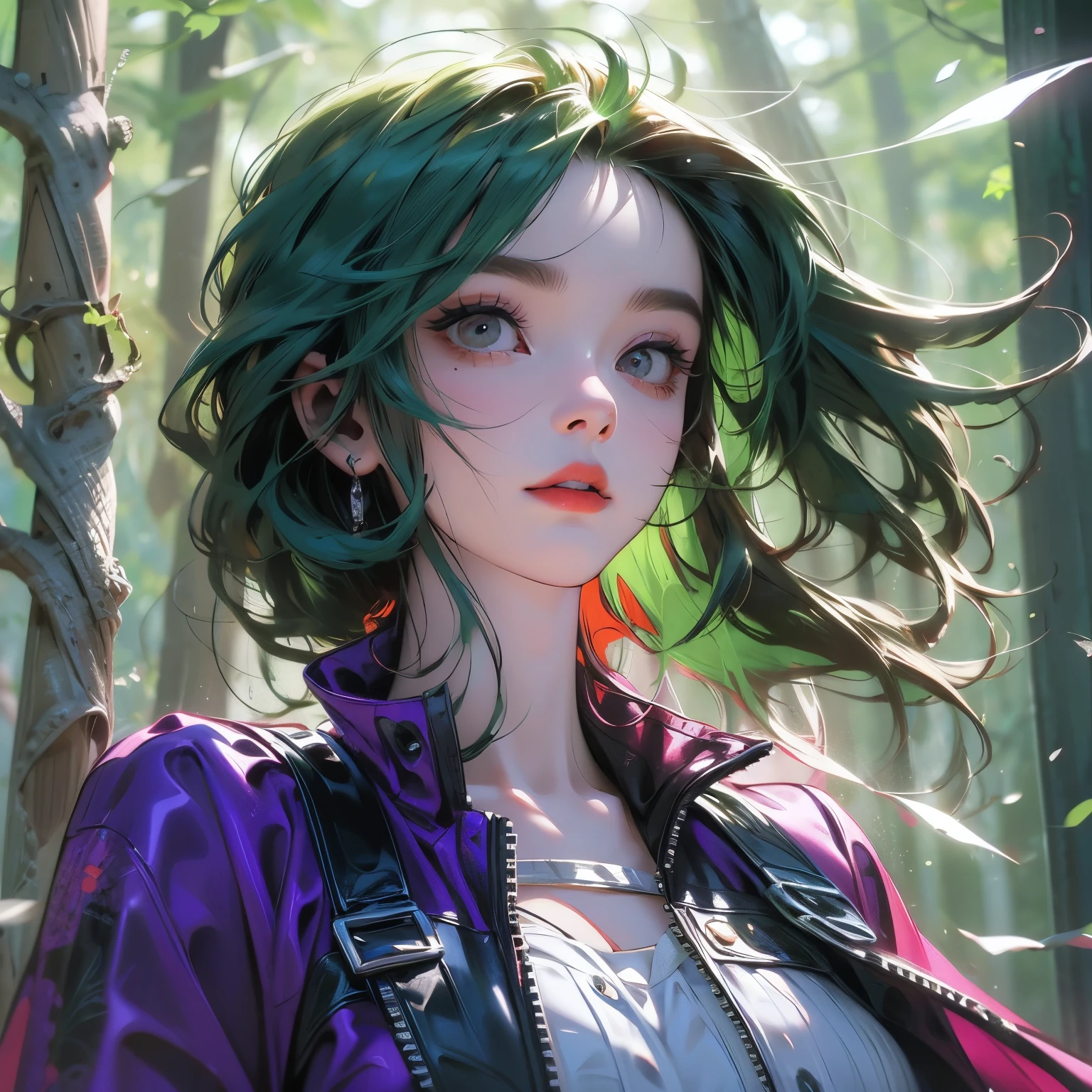 1girl, solo, (forest green hair:1.2), Asymmetrical haircut, (violet clothes:1.2) masterpiece, best quality, photorealistic, realistic, , caustics, subsurface scattering , wind