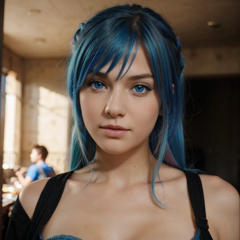 Beautiful girl with blue eyes and multi-colored hair ,super realistic high resolution image,On picnics