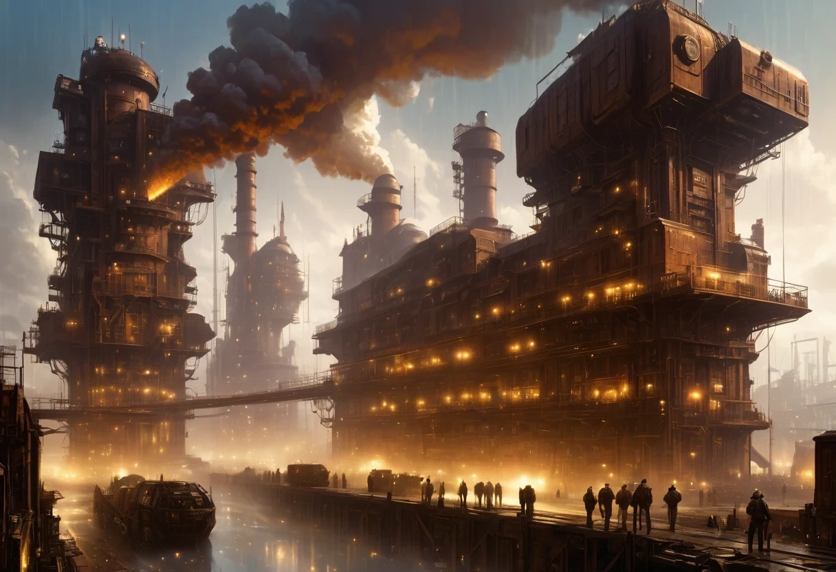 There are many rusty structures in the air, scenic Dystopian environment, Dystopian environment, Industrial science fiction, Industrial science fiction, Industrial science fiction, steampunk factory background, Dystopian digital concept art, Steampunk city, post-apocalyptic factory, Ancient Steampunk City, Industrial science fiction, Steampunk concept art, Dystopian alien landscape, In a steampunk cityscape, Dystopian Landscape