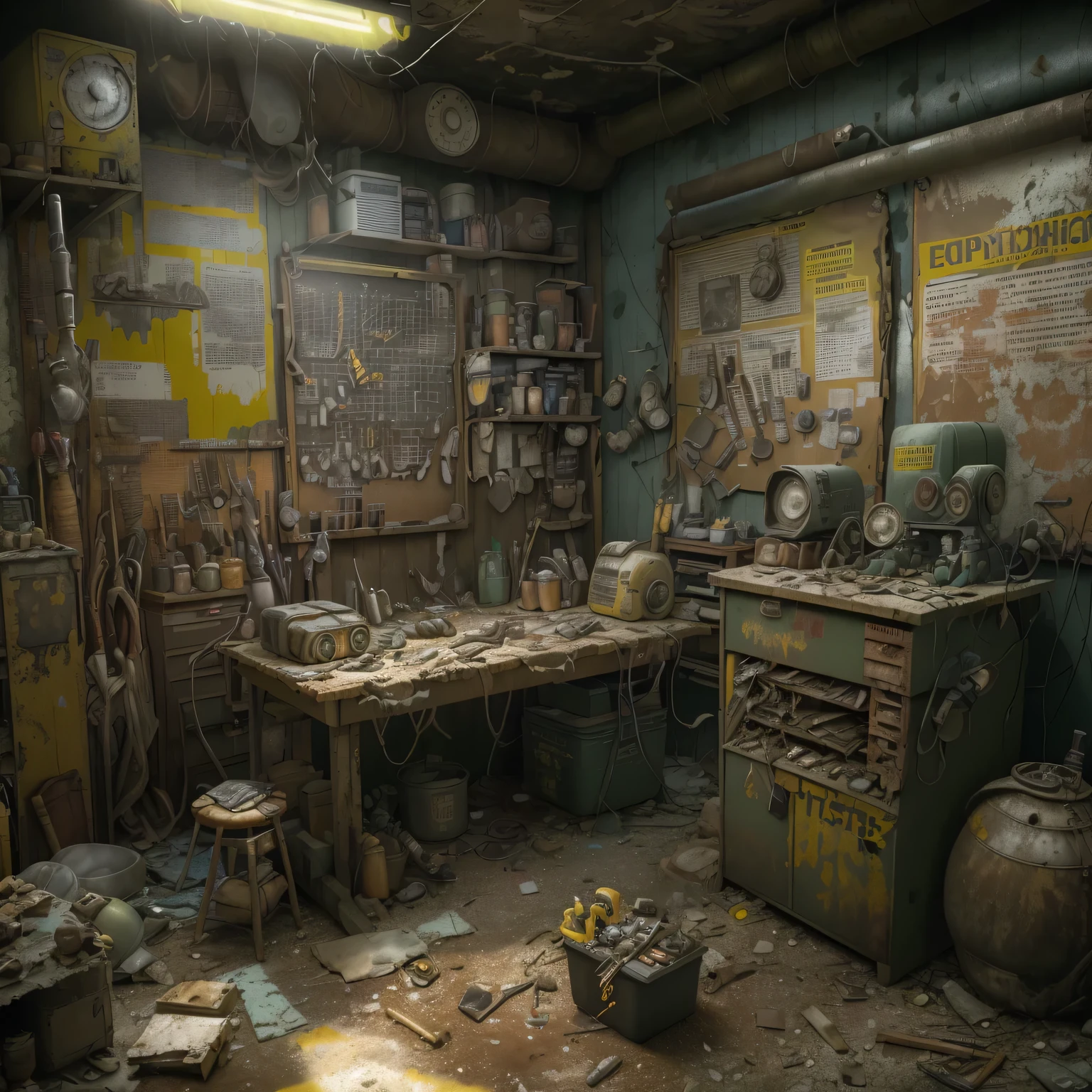 best quality, 4k, 8k, highres, masterpiece:1.2, ultra-detailed, realistic:1.37, HDR, UHD, studio lighting, ultra-fine painting, sharp focus, physically-based rendering, extreme detail description, professional, vivid colors, bokeh, (《Fallout 4》Repair Station in the game), rusty metal walls, flickering fluorescent lights, scattered tools and spare parts, a dusty workbench filled with old computer and wires, repair manuals stacked haphazardly, (A girl is repairing an old-fashioned motorcycle),camouflage outfit,protective goggles,dirt smudges on her face and hands,(heavy duty repair equipment),hardworking and determined expression,small windows covered in grime, a sign that says "Welcome to the Repair Station", a poster of a nuclear reactor with warning signs, old coffee mugs with faded logos, graffiti on the walls depicting mutated creatures color scheme with desaturated, muted tones, giving a sense of the post-apocalyptic world soft, dim lighting from the flickering fluorescent lights, casting eerie shadows on the walls and objects