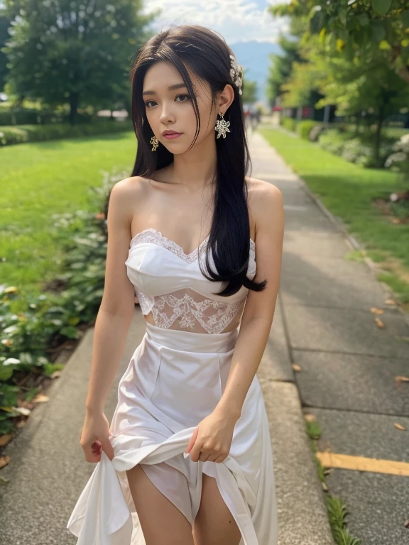 (masterpiece), Best Quality, Highest Quality, Highly detailed CG Unity 8k wallpaper, Original, High resolution, (depth of fields: 1.5), fidelity: 1.3, small , Bride portrait style, 1 girl, drapes, veils , Bridal Veil, wedding dress, drapes, Jewelry, Solo, earrings, tusk, bride, Black_hair