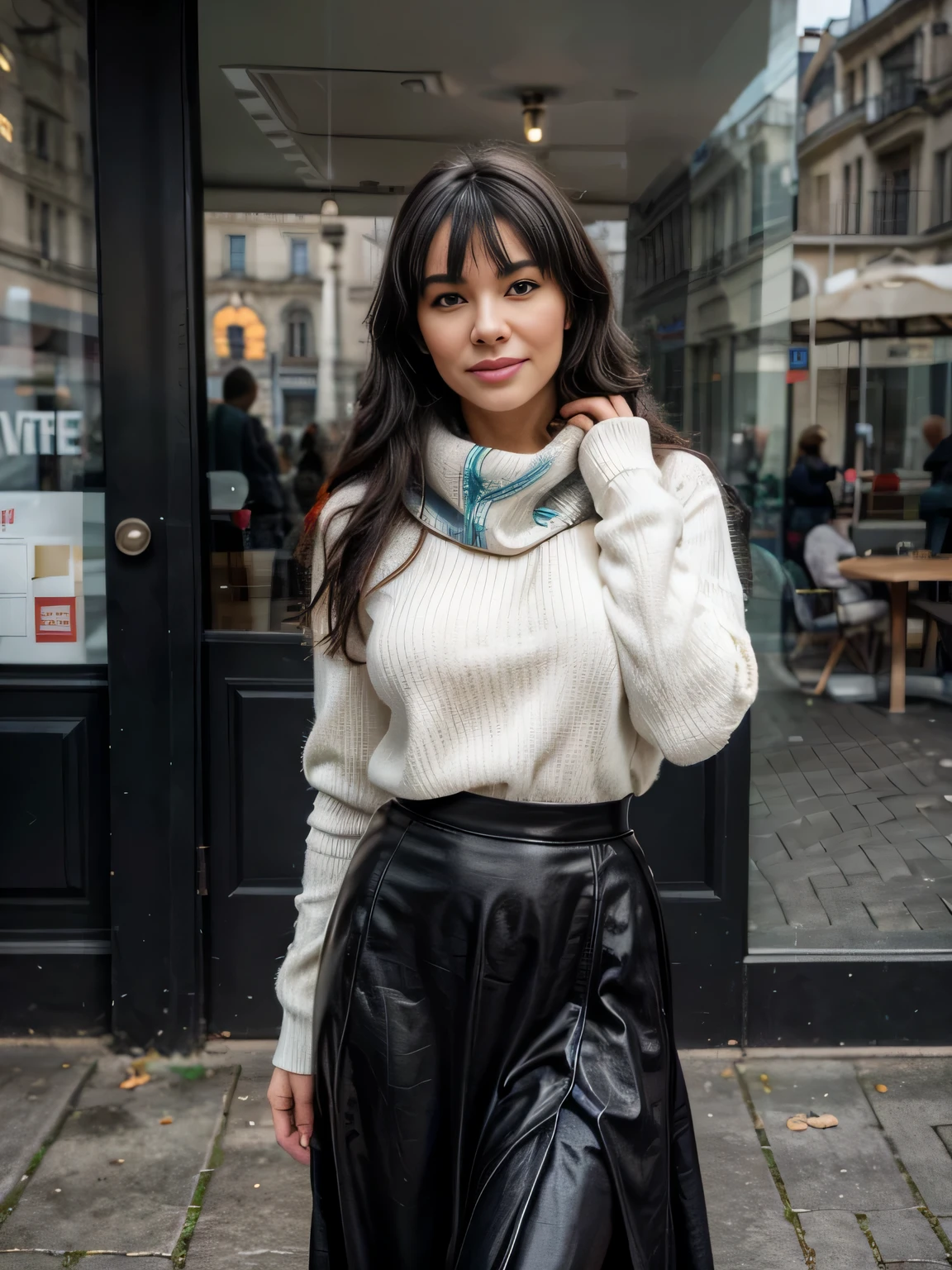 proFessional portrait photograph oF a gorgeous Smiling Bettie page girl in winter clothing with long wavy Black hair, black long maxi-skirt(black long maxi-skirt:1.2),sultry Flirty look, gorgeous symmetrical Face, joli maquillage naturel, wearing elegant warm winter Fashion clothing, black leather gloves, ((debout dehors dans une rue enneigée de la ville)), bag on her shoulders,superbe environnement urbain moderne, ultra realistic, art conceptuel, elegant, Very detailed, complexe, sharp Focus, depth oF Field, F/1. 8, 85mm, Coup moyen, midplane, (((proFessionally color graded))), bright soFt diFFused light, (volumetric Fog), tendance sur Instagram, hdr 4k, 8K