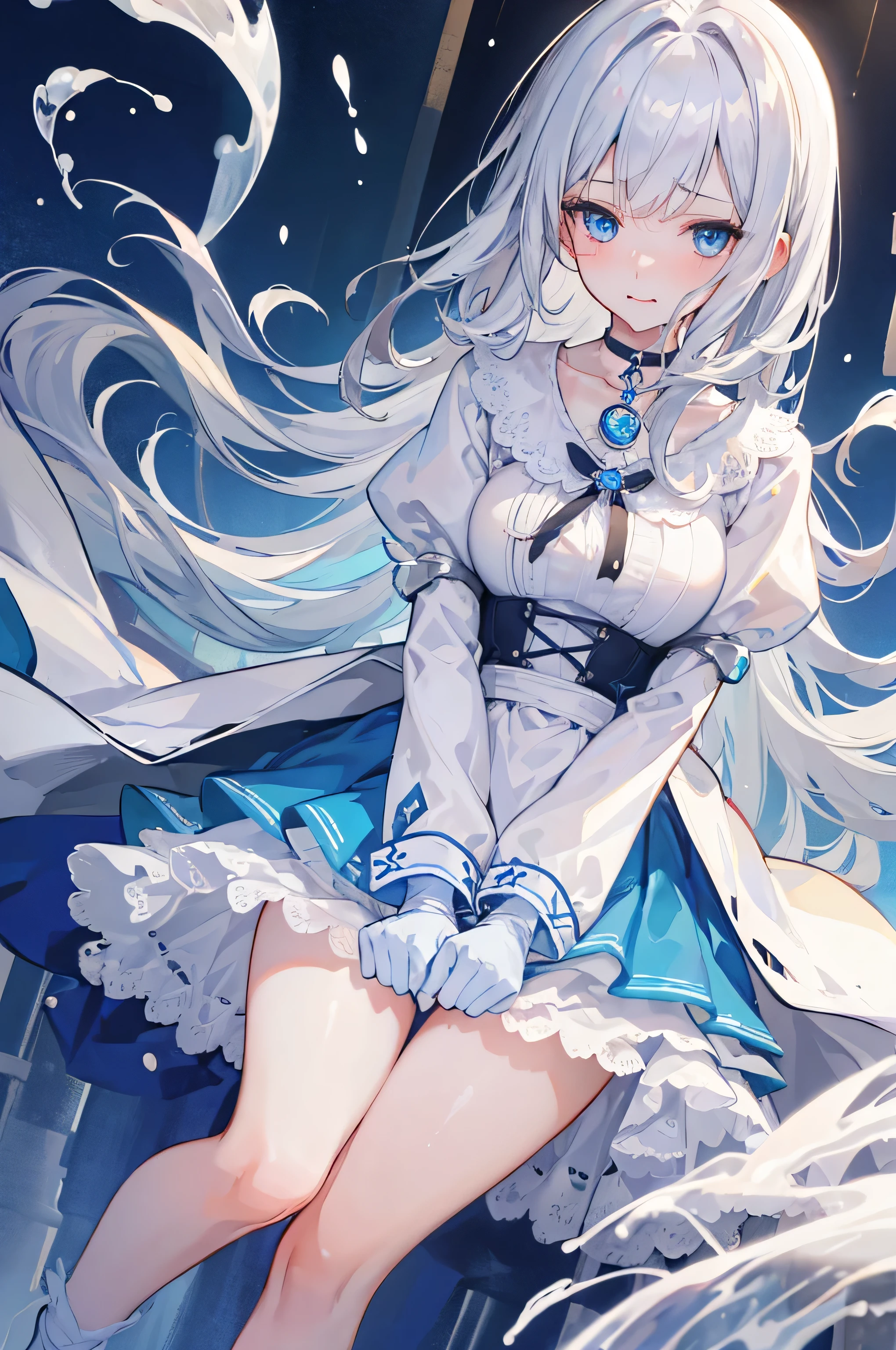 (8k, highest quality, masterpiece:1.2),(Blue colored eyes),((Garment Details)),High quality CG Unity 8k, concentrated, Realistic, Shadow, Soft lighting, Cowboy Shot, Gray Hair, Flutter Hair, nice, A gentle smile, village girl, High Waist Skirt, White Skirt, Long sleeve, ribbon, White Dress, gloves, Choker Noble Necklace, (Sexual pleasure expression:1.4), (semen overflow:1.5),whole body