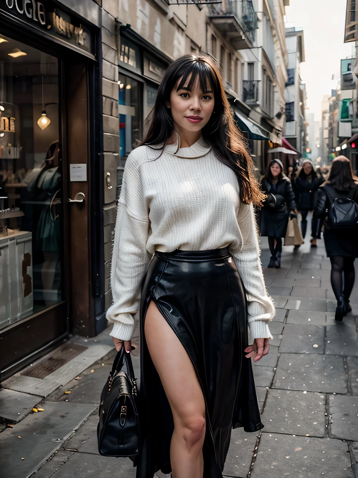 proFessional portrait photograph oF a gorgeous Smiling Bettie page  girl in winter clothing with long wavy Black hair, black long maxi-skirt(black long maxi-skirt:1.2),sultry Flirty look, gorgeous symmetrical Face, joli maquillage naturel, wearing elegant warm winter Fashion clothing, black leather gloves, ((debout dehors dans une rue enneigée de la ville)), bag on her shoulders,superbe environnement urbain moderne, ultra realistic, art conceptuel, elegant, Very detailed, complexe, sharp Focus, depth oF Field, F/1. 8, 85mm, Coup moyen, midplane, (((proFessionally color graded))), bright soFt diFFused light, (volumetric Fog), tendance sur Instagram, hdr 4k, 8K
