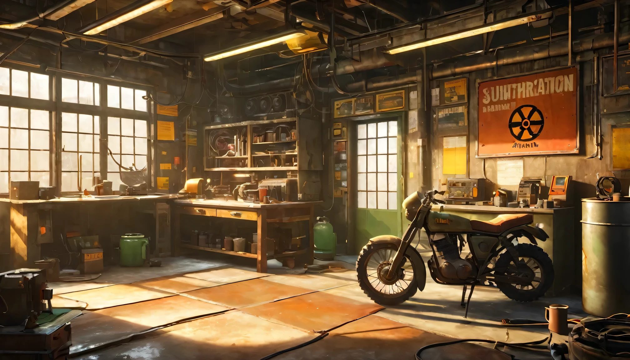 best quality, 4k, 8k, highres, masterpiece:1.2, ultra-detailed, realistic:1.37, HDR, UHD, studio lighting, ultra-fine painting, sharp focus, physically-based rendering, extreme detail description, professional, vivid colors, bokeh, (《Fallout 4》Repair Station in the game), rusty metal walls, flickering fluorescent lights, scattered tools and spare parts, a dusty workbench filled with old computer and wires, repair manuals stacked haphazardly, (A girl is repairing an old-fashioned motorcycle),camouflage outfit,protective goggles,dirt smudges on her face and hands,(heavy duty repair equipment),hardworking and determined expression,small windows covered in grime, a sign that says "Welcome to the Repair Station", a poster of a nuclear reactor with warning signs, old coffee mugs with faded logos, graffiti on the walls depicting mutated creatures color scheme with desaturated, muted tones, giving a sense of the post-apocalyptic world soft, dim lighting from the flickering fluorescent lights, casting eerie shadows on the walls and objects