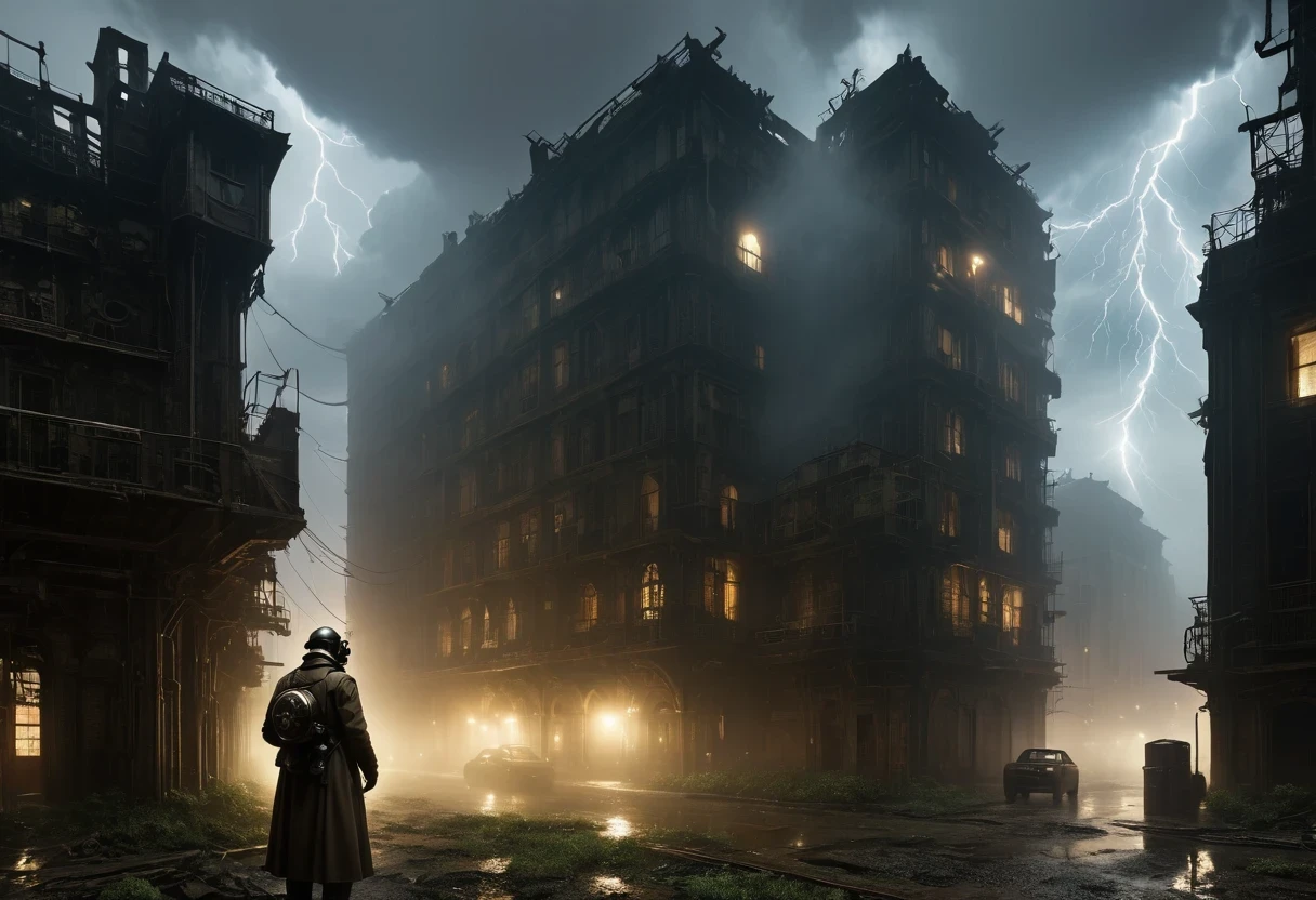A future doctor in a white robe wearing a future Gas Mask walks through a destroyed future city，Heavy rain(illumination,The City of Doom,abandoned,dystopia,Futurism,Dark atmosphere,Overgrown vegetation,deserted street,Crumbling building,black wall,broken windows,There are pieces everywhere,create desolation、chaotic atmosphere. ),[Steampunk survivor,Gas Mask,Trench coat,Brass decoration,cogs and gears,]，The sky is dark,heavily clouded,Dazzling lightning,despair,Unforgettable Silence,lost hope,Epidemic of disease.Sepia color palette,Strong contrast,Mood lighting.(best quality,high resolution,masterpiece:1.2)，background fog， high resolution， detail， RAW photos， Sharp Reinsurance， Nikon D850 Film Photo by Jefferies Lee 4 Kodak Portra 400 Camera F1.6 Guns, Rich colors, Ultra-realistic and vivid textures, Dramatic Lighting, Unreal Engine Art Station Trends, Sinester 800，