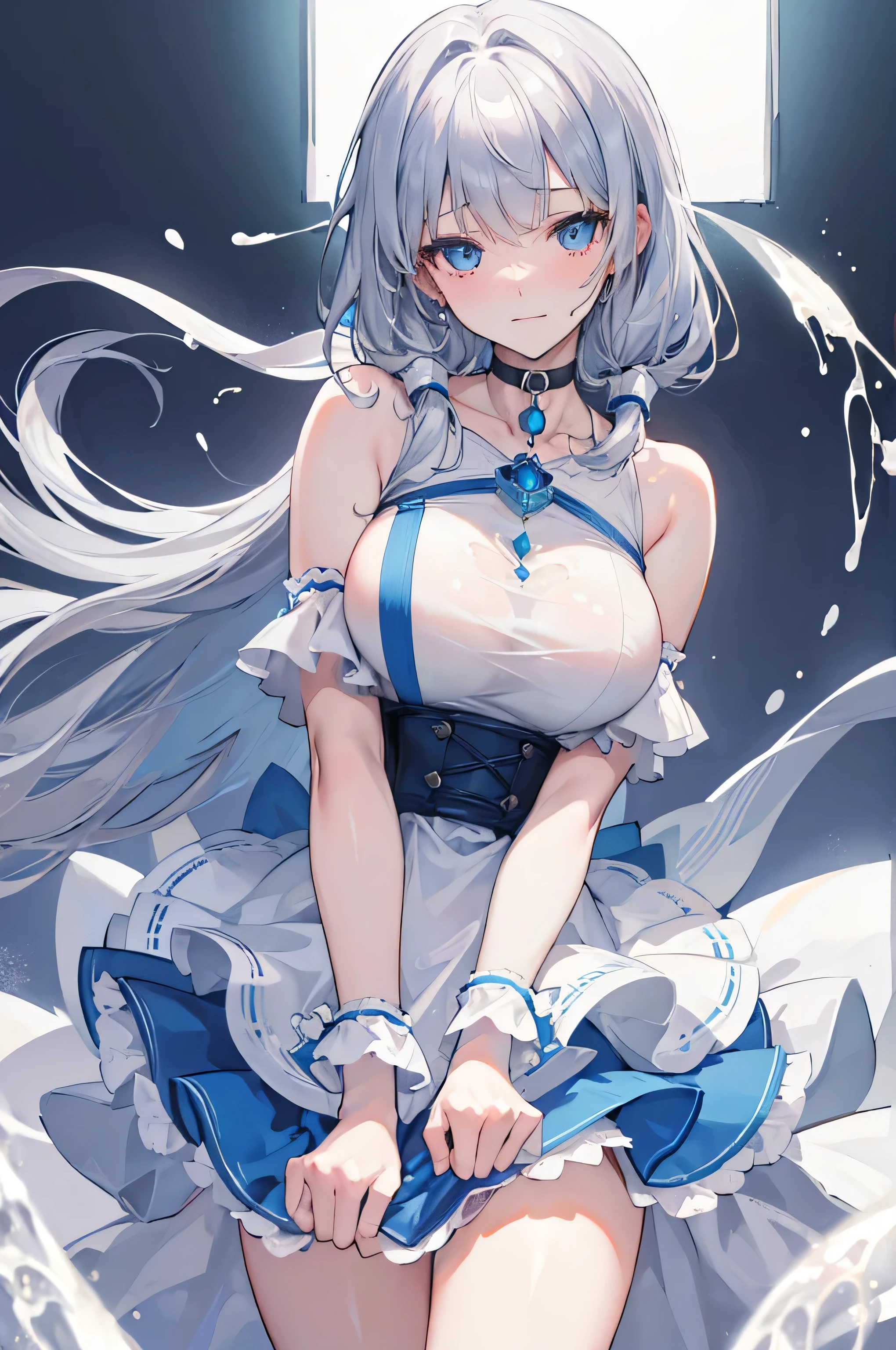 (8k, highest quality, masterpiece:1.2),(Blue colored eyes),((Garment Details)),High quality CG Unity 8k, concentrated, Realistic, Shadow, Soft lighting, Cowboy Shot, Gray Hair, Flutter Hair, nice, A gentle smile, village girl, High Waist Skirt, White Skirt, Long sleeve, ribbon, White Dress, gloves, Choker Noble Necklace, (Sexual pleasure expression:1.4), (semen overflow:1.5),whole body