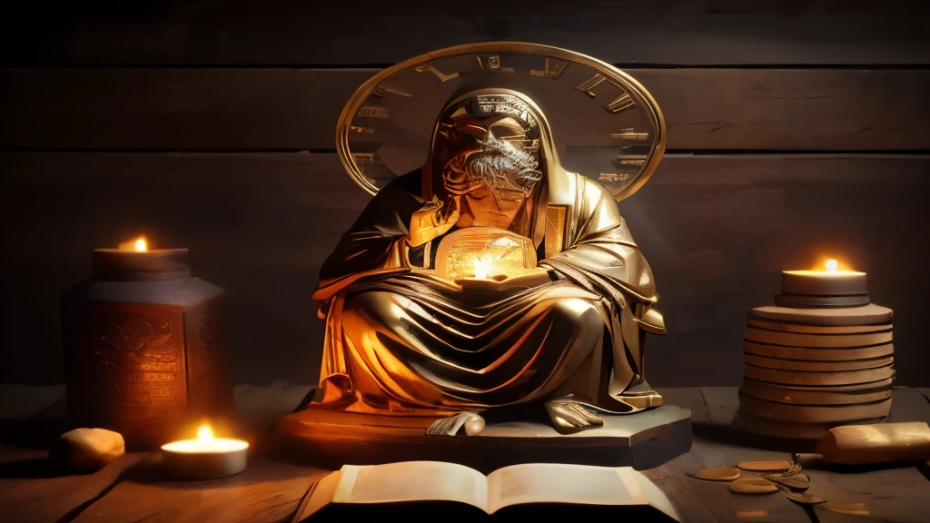 wired statue of a man sitting on a table with a book and candles, lindo santo de ouro, sacred flame spell, Divine and Stoic, escultura religiosa, por Aleksander Gierymski, resin statue, biblical art lighting, Deus da riqueza, banhado em luz dourada, The Oracle of Ancient Wisdom, santo ortodoxo, wooden statue