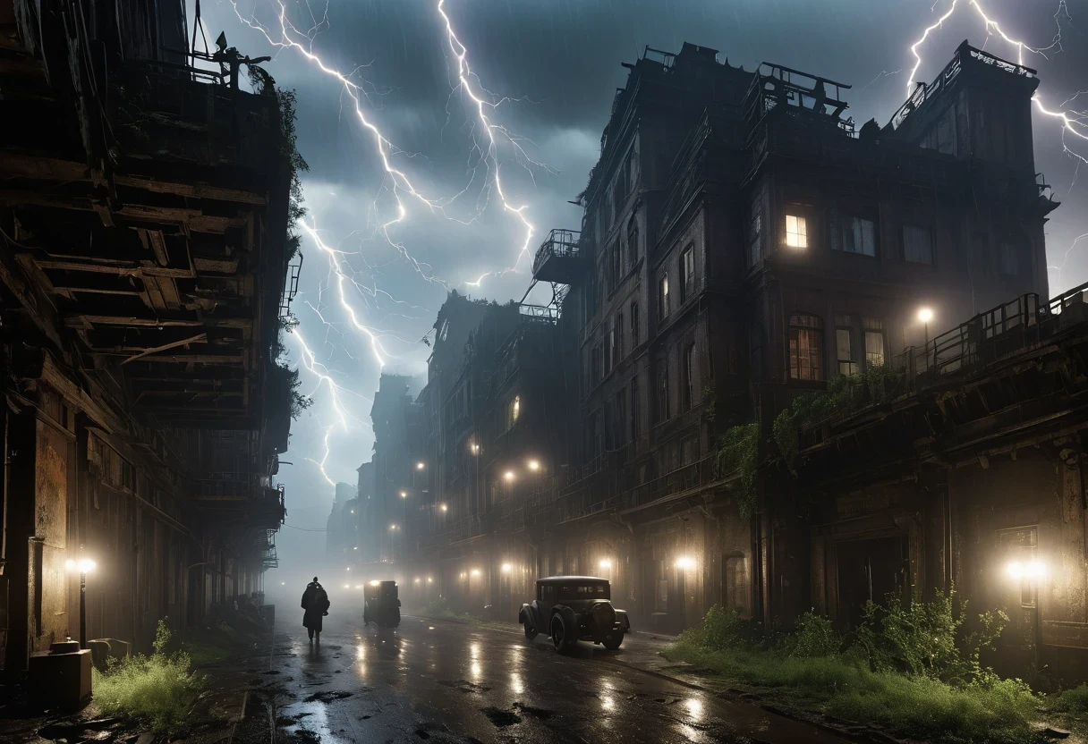 A future doctor in a white robe wearing a future Gas Mask walks through a destroyed future city，Heavy rain(illumination,The City of Doom,abandoned,dystopia,Futurism,Dark atmosphere,Overgrown vegetation,deserted street,Crumbling building,black wall,broken windows,There are pieces everywhere,create desolation、chaotic atmosphere. ),[Steampunk survivor,Gas Mask,Trench coat,Brass decoration,cogs and gears,]，The sky is dark,heavily clouded,Dazzling lightning,despair,Unforgettable Silence,lost hope,Epidemic of disease.Sepia color palette,Strong contrast,Mood lighting.(best quality,high resolution,masterpiece:1.2)，background fog， high resolution， detail， RAW photos， Sharp Reinsurance， Nikon D850 Film Photo by Jefferies Lee 4 Kodak Portra 400 Camera F1.6 Guns, Rich colors, Ultra-realistic and vivid textures, Dramatic Lighting, Unreal Engine Art Station Trends, Sinester 800，
