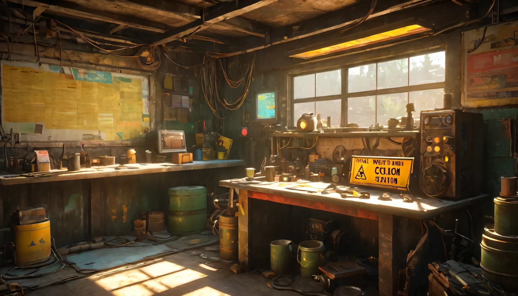 best quality, 4k, 8k, highres, masterpiece:1.2, ultra-detailed, realistic:1.37, HDR, UHD, studio lighting, ultra-fine painting, sharp focus, physically-based rendering, extreme detail description, professional, vivid colors, bokeh, (《Fallout 4》Repair Station in the game), rusty metal walls, flickering fluorescent lights, scattered tools and spare parts, a dusty workbench filled with old computer and wires, repair manuals stacked haphazardly, (A girl is repairing an old-fashioned motorcycle),camouflage outfit,protective goggles,dirt smudges on her face and hands,(heavy duty repair equipment),hardworking and determined expression,small windows covered in grime, a sign that says "Welcome to the Repair Station", a poster of a nuclear reactor with warning signs, old coffee mugs with faded logos, graffiti on the walls depicting mutated creatures color scheme with desaturated, muted tones, giving a sense of the post-apocalyptic world soft, dim lighting from the flickering fluorescent lights, casting eerie shadows on the walls and objects