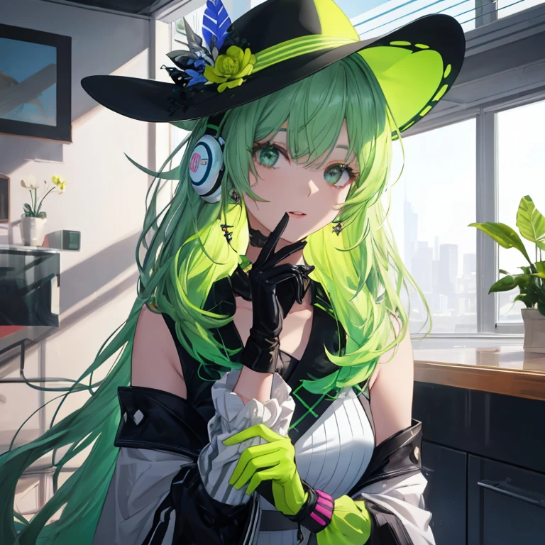 "A photorealistic AI illustration of a woman posing playfully with a unique, fashion-forward ensemble. She wears a creatively designed outfit with vibrant lime green and gray stripes, including a hat, gloves, and accessories that suggest a modern, avant-garde aesthetic. The setting has a contemporary feel, with natural sunlight filtering through and casting soft shadows around her, highlighting the texture and colors of her attire. Her expression is confident and friendly, and she interacts with her outfit in a fun and engaging manner."