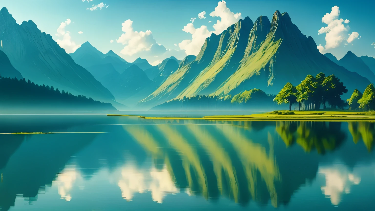 In this ranquil mountain landscape, measured at an idyllic 2560 x 1440 pixels, soft blues and greens harmoniously dominate the calming color palette. The scene radiates a peaceful serenity, ensconced under a clear and cloudless sky. The mountains stand majestically with their gentle slopes adorned with lush vegetation, their peaks touching the pristine azure heavens above. The stillness of the scene is further emphasized by the tranquil water bodies that mirror the sky, their glassy surfaces undisturbed. The entire scene exudes an air of calm and relaxation, inviting the viewer to lose themselves in its id