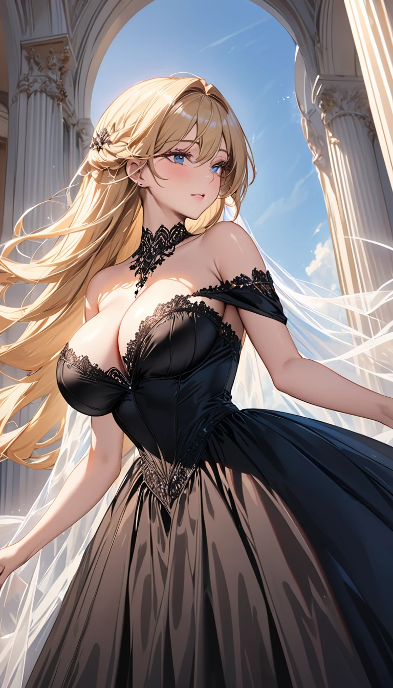 masterpiece:1.4,best-quality,Super Detail,Very Delicate and Beautiful, (( nsfw, low angle shot )), The world's most slutty woman, elegant black ball gown, off-shoulder, blonde long hair, very gigantic breasts, cleavage, very slender, perfect face