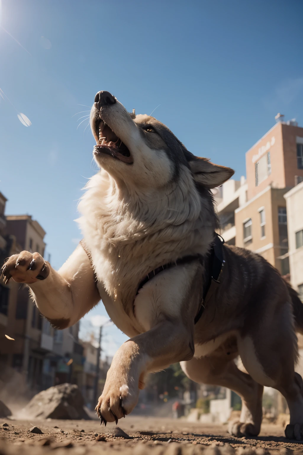 "Experience the magic of 3D rendering as a fierce wolf comes to life, blowing a powerful gust of air in a pixa style cartoon."